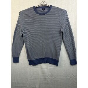 J Crew Cotton Crewneck Sweater In Striped‎ Garter Stitch Medium Blue & White